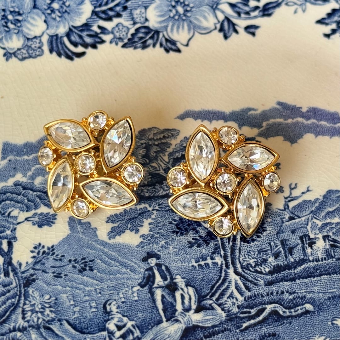 Vintage Monet Crystal Clip on Earrings: 1980s Gold Leaf Cluster
