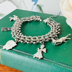 1950s Jacoby-Bender Sterling Silver Charm Bracelet | Whiteside & Blank Enamel Cat Angel Charms | Engraved 1953 Bracelet