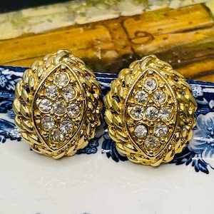 Vintage 1980s Clip On Earrings | Gold Crystal Statement Studs | Retro Glam Estate Jewelry | Gift for Her, Mom, Wife