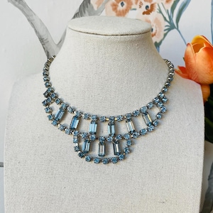 Vintage 1950s Blue Crystal Necklace | Art Deco Rhinestone Choker | Sky Blue Statement Jewelry | Retro Glam Gift for Her