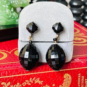 Dalsheim Jet Black Dangle Earrings | 1940s Faceted Lucite Glass Clip-Ons | Art Deco Vintage Jewelry