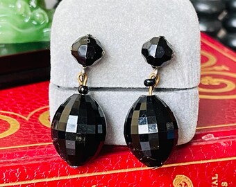 ☆関税込☆VINTAGE HOLLYWOOD★Black Oval Stone Earrings★ Black Onyx Gemstone Clover Earrings by Philip Jones Jewellery