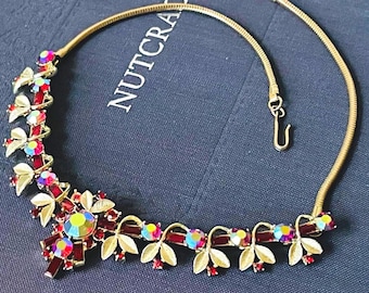 Gargantilla vintage de cristal rojo rubí de los años 50 / Diamantes de imitación Aurora Boreal / Joyería para fiestas navideñas