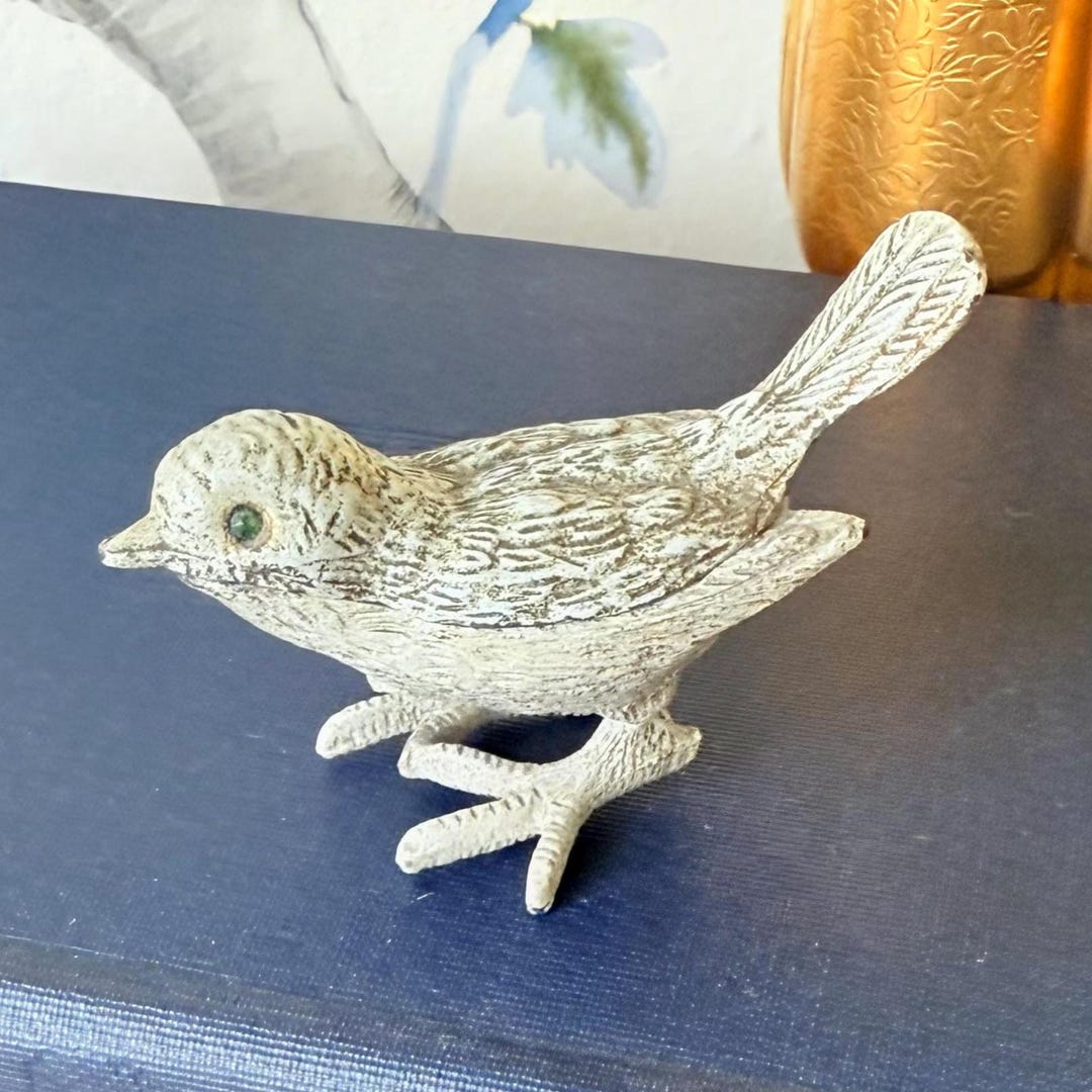 1950s Florenza White Enamel Bird Trinket Box | Vintage Songbird