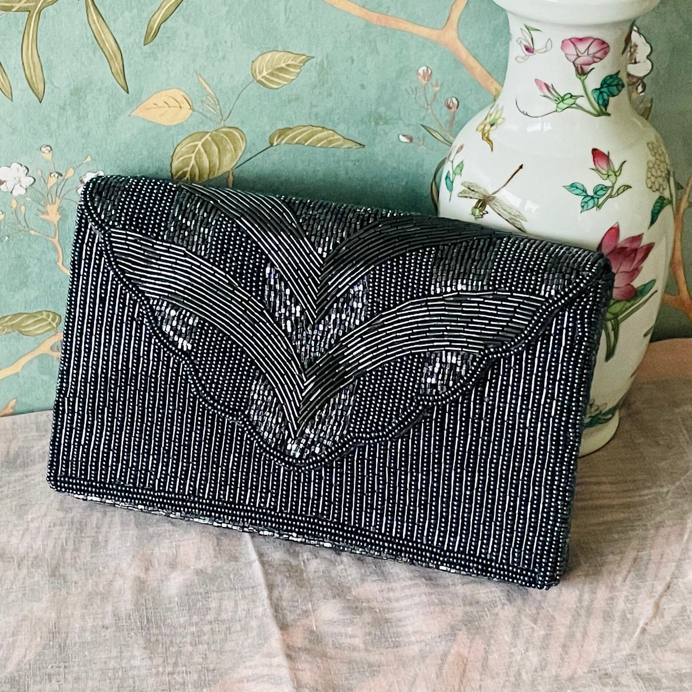Vintage Danieli Beaded Clutch | 1960s Art Deco Gunmetal Evening Bag | Cocktail Party Purse | Gift for Her, Mom, Bride, Friend