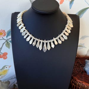Vintage Shell Necklace | Mother of Pearl Fan Collar | Carved Shell Statement Choker | 1950s Island Luxe Jewelry | Geometric White Necklace