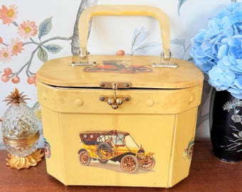 1950s Wooden Car Decoupage Box Bag: Mid-Century Lucite Handle Purse