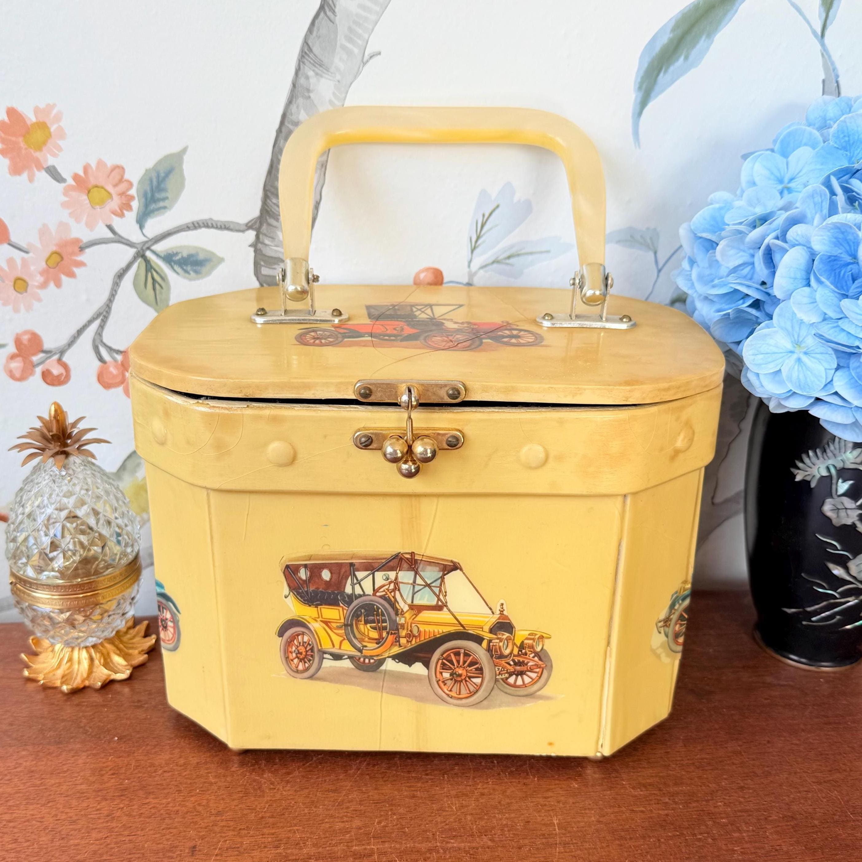 ヴィンテージ 木製ボックスバッグ デコパージュ レトロ ハンドバッグ アート 1950年代の木製カーデコパージュボックスバッグ：ミッドセンチュリーの