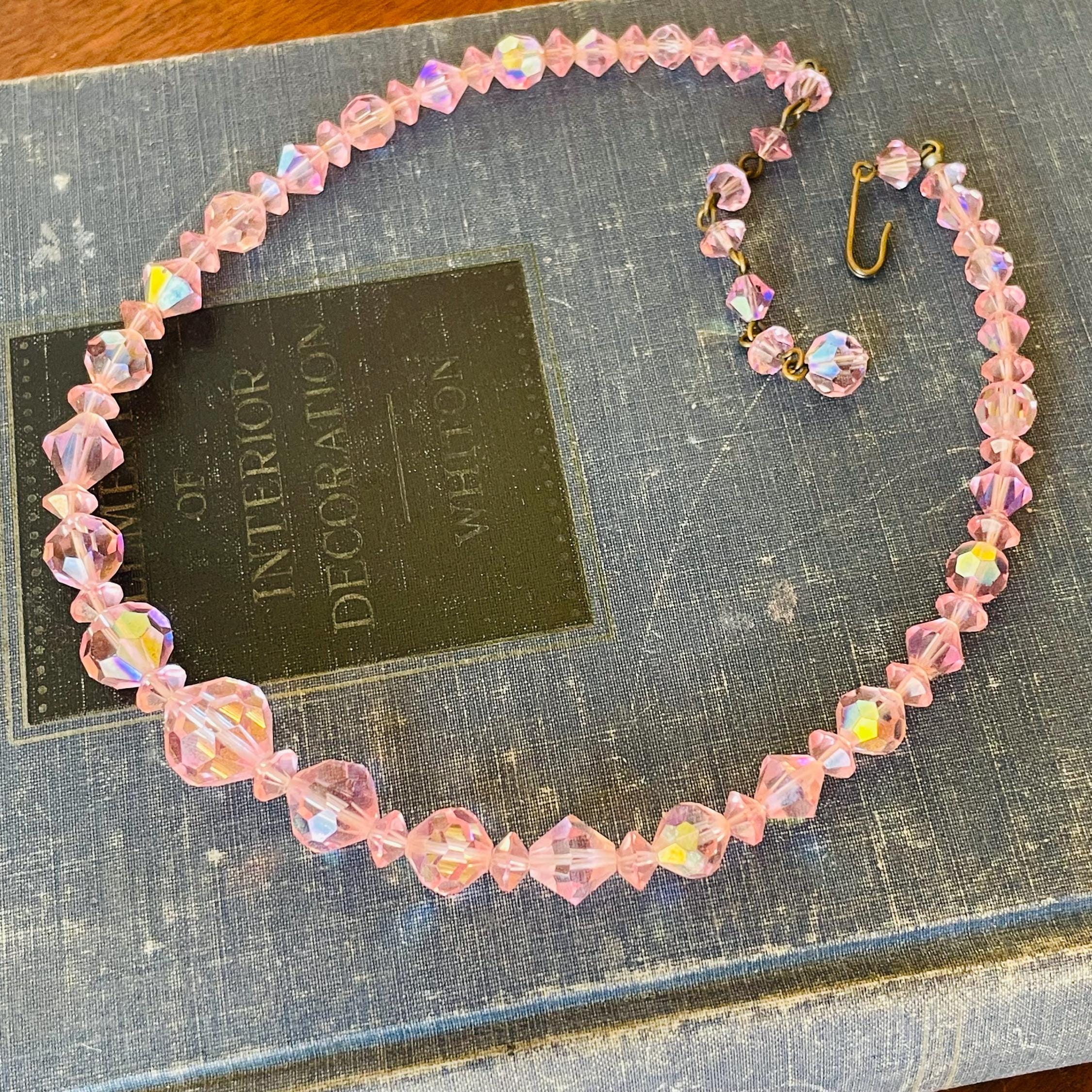 Vintage 1950s Pink Austrian Crystal Choker: Iridescent Glass Bead