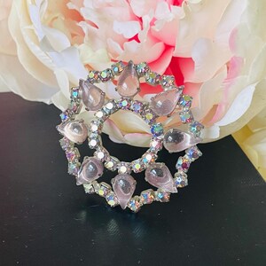 Vintage Wreath Brooch | 1950s Lavender Glass Cabochon Pin | Aurora Borealis Crystal Jewelry | Estate Statement Brooch