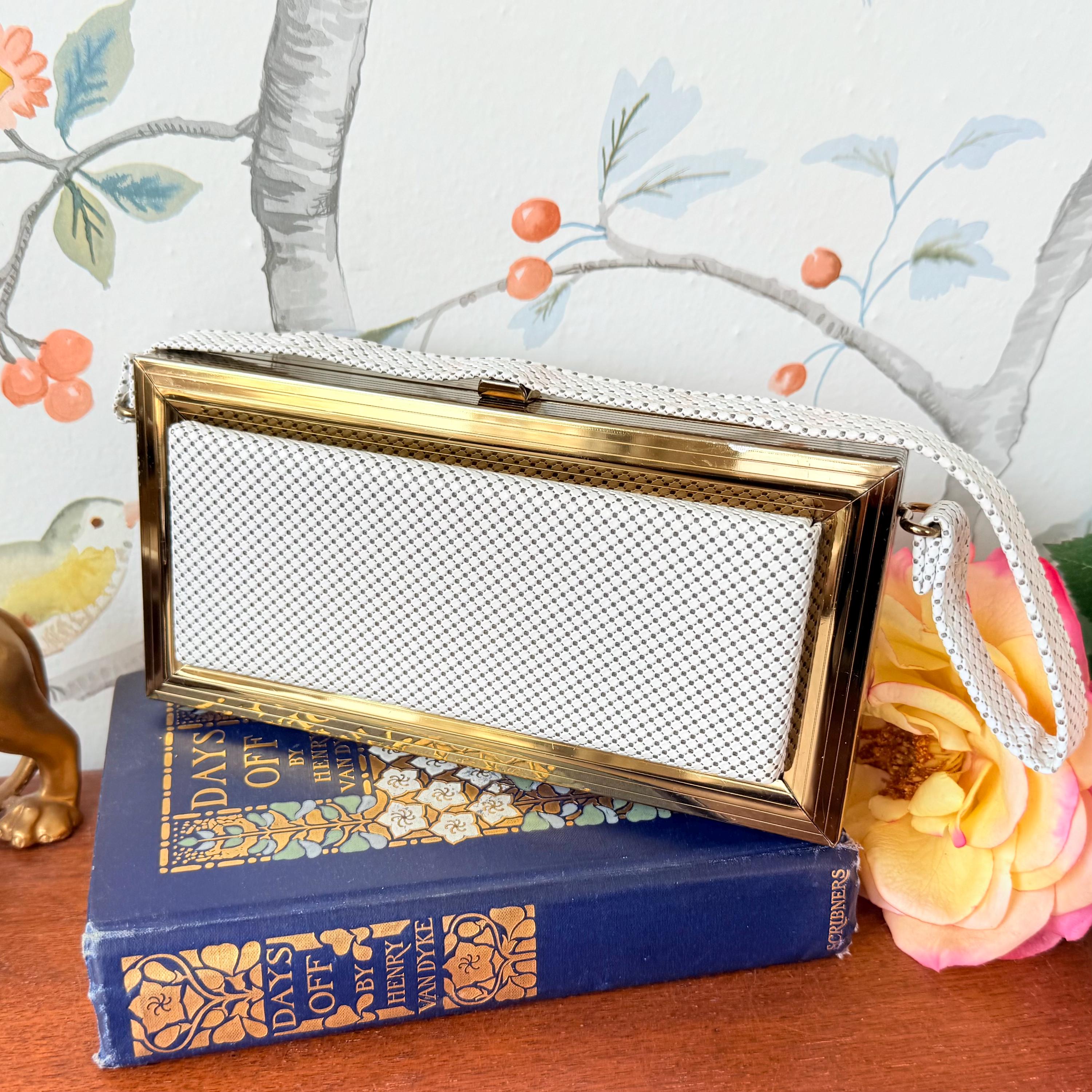 Vintage White Box Purse | 1960s Vinyl Clutch Bag | Red Satin Lining | Gold Frame Evening Handbag | Mod Hard Case Purse | Retro Cocktail Bag