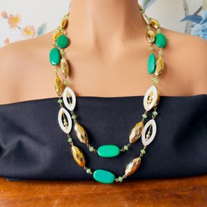 Vintage 1960s Beaded Necklace: Green Lucite, Shell, Gold Boho Jewelry