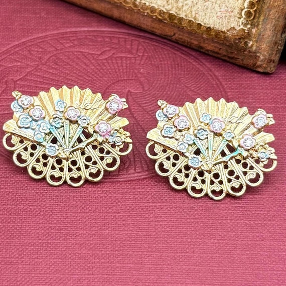 Vintage Two Sisters Crystal Fan Earrings: 1990s Parisian Pastel Jewelry