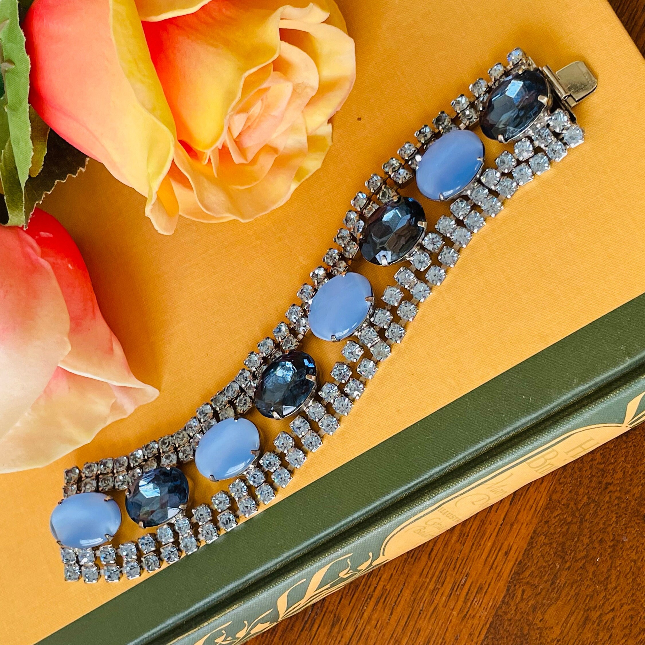 Vintage 1950s Blue Rhinestone Bracelet | Cobalt & Sky Blue