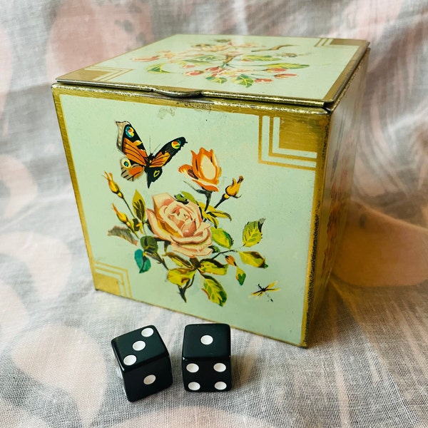 Vintage The Metal Box Co LTD Mansfield, England Hinged Lid Floral Butterfly Trinket Box (1950’s)