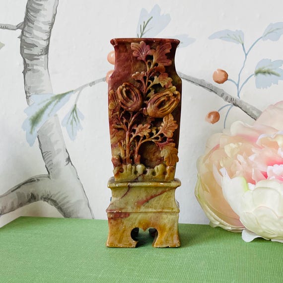 Antique Chinese Soapstone Vase: Hand-Carved Floral Art, 19th Century Asian Decor