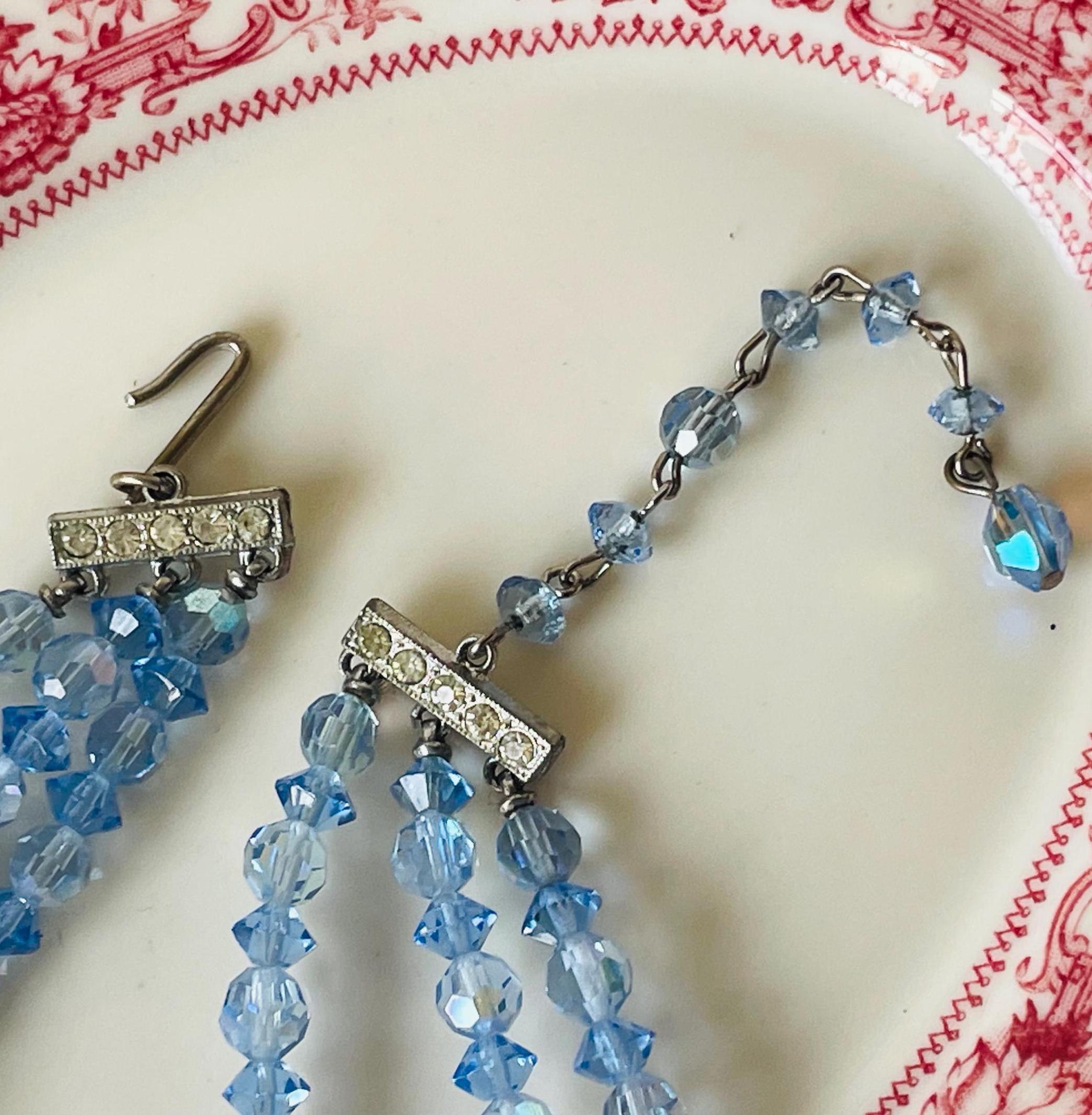 Vintage 1950s Blue Crystal Bead Necklace | Triple Strand
