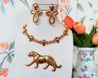 Anne Klein Panther Jewelry Set | Limited Edition 1980s Necklace Brooch Earrings | Gold Big Cat Statement Set | Vintage Designer Gift for Her