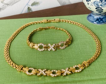 Swarovski XO Jewelry Set | 1980s Crystal Necklace Bracelet Set | Vintage Signed Swan Logo | Bridal Gift for Her | Gold Statement Jewelry