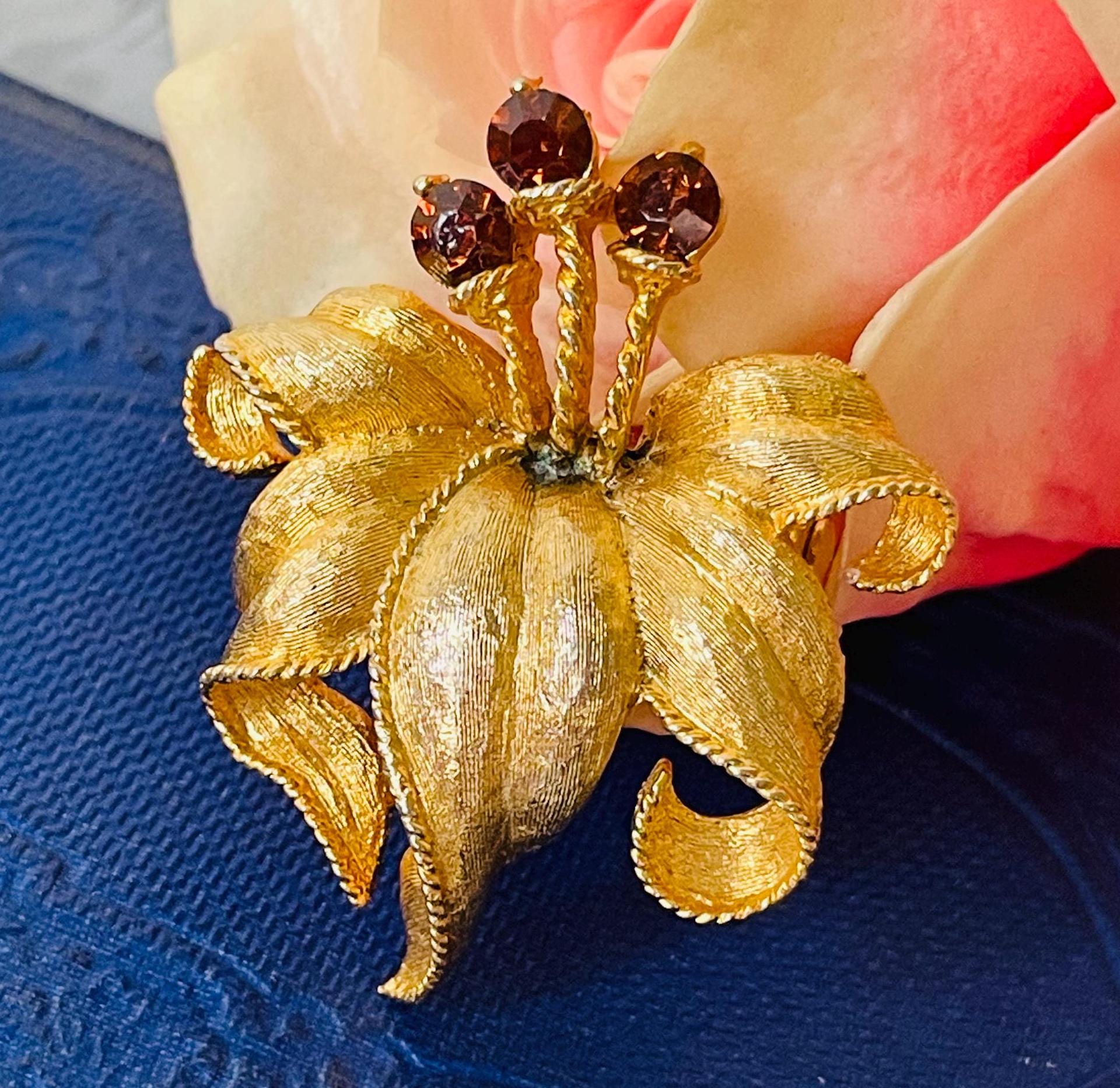 Broche Ancienne Vintage - Or Et Cristaux Topaze - État Superbe - Bijou Fantaisie