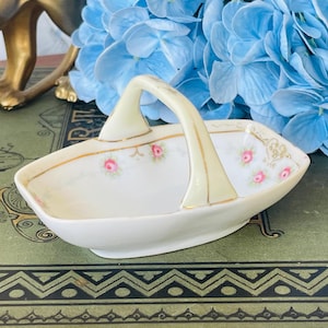 Antique Nippon Floral Basket Dish | 1910s Morimura Brothers Bone China | Hand Painted Gold Gilt Tray | Gift for Mom or Collector