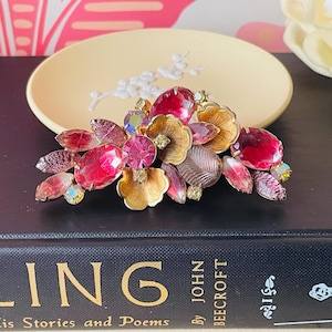 Juliana Floral Brooch 1960s | D&E Crystal Gold Leaf Pin | Vintage Molded Glass Jewelry | Gift for Her, Mom, Friend