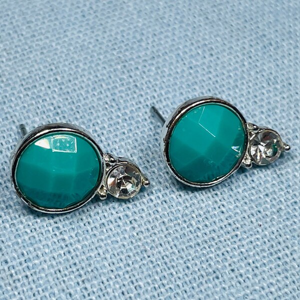 Vintage Napier Turquoise Lucite Rhinestone Silver Pierced Earrings (1980’s)