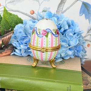 Vintage Limoges Style Egg Trinket Box: Floral Porcelain Jewelry Box