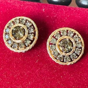 Vintage JOMAZ Clip-On Earrings | 1960s Black Diamond Crystal | Gold Circular Statement Jewelry