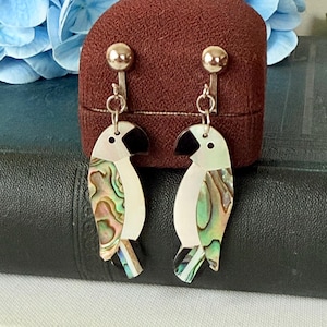 May include: A pair of silver parrot earrings with abalone shell and black accents. The parrot earrings have a post back and are displayed on a brown jewelry box. The earrings have a pearlescent, iridescent quality.