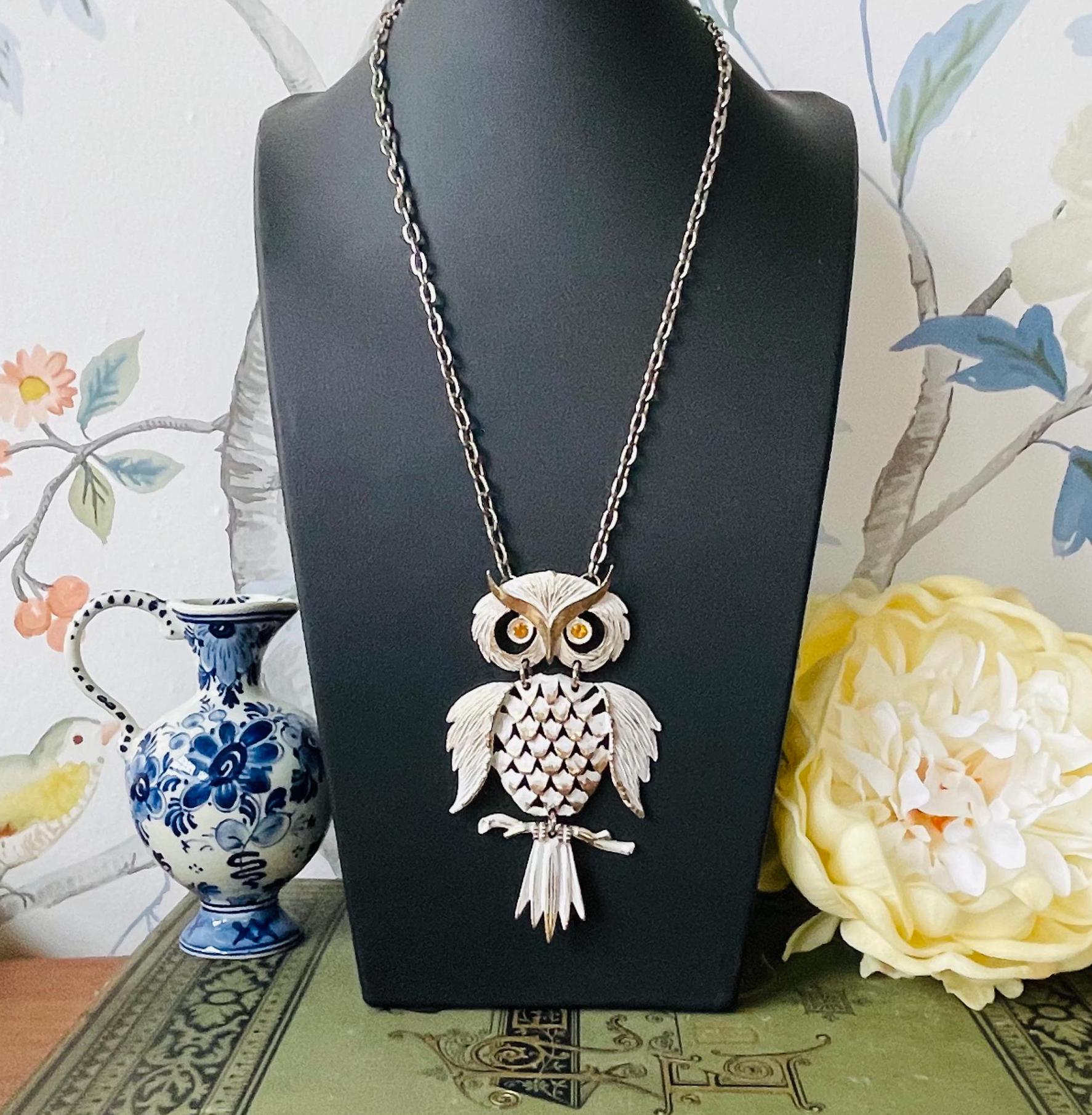 Vintage 1960s Owl Pendant Necklace | Articulated Bird Jewelry | Citrine Eyes Boho Statement | Long C