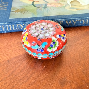 Vintage Cloisonné Trinket Box: 1950s Red Enamel Butterfly Floral Dish