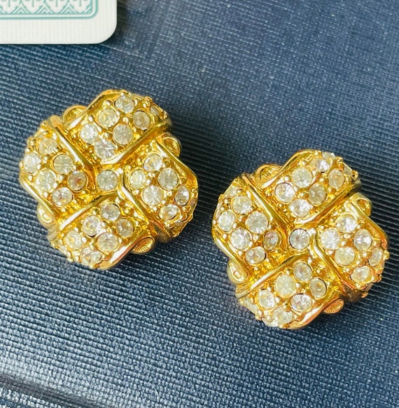 Vintage Swarovski Crystal Pave Gold Clip Earrings… - image 2