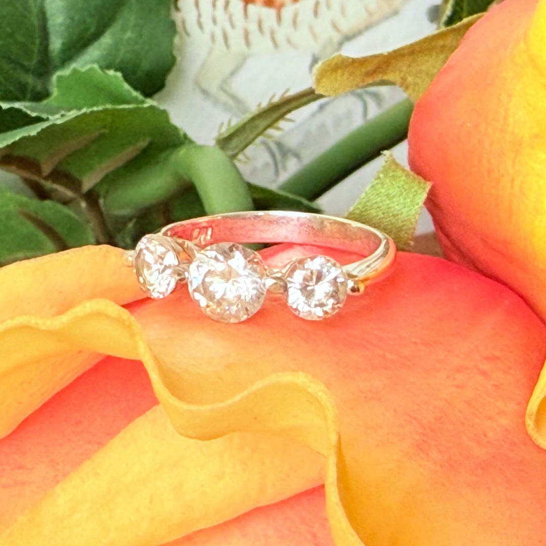 Vintage 1980s Marsala CZ Ring: Sterling Silver Three Stone