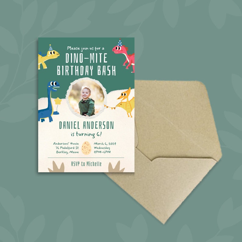 Dinosaur Birthday Invitation Baby Shower Boy Baptism Trex Wild