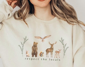 Respect Locals Forest Animal Crewneck Sweatshirt Woodland Creatures Forestcore Granola Girl Shirt Cottagecore Hoodie Owl Fox Bear Deer Owl