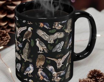 Birds of Prey Coffee Mug Hawk Eagle Owl Owls Hawks Ornithologist Bird Watcher Gift Bird Lover Mug Birders Gift Black Coffee Cup Bird Nerd