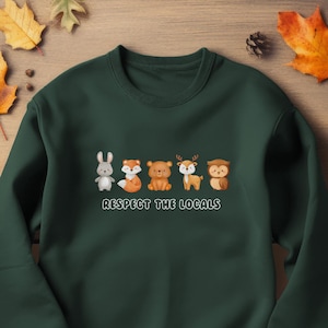 Kids Forest Animals Sweatshirt Bear Fox Rabbit Bunny Deer Owl Woodland Creatures Respect the Locals Hiking Crewneck Camping Nature Sweater