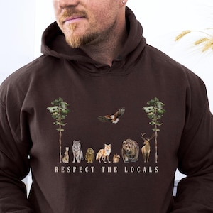 Respect Local Animal Woodland Creatures Forestcore Hooded Sweatshirt Granola Shirt Cottagecore Hoodie Owl Fox Bear Elk Eagle Forest Locals