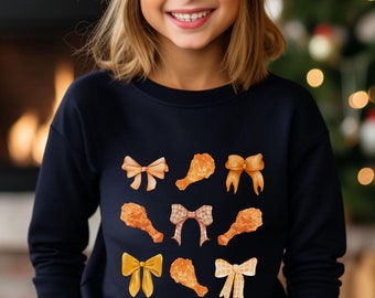 Funny Kids Fried Chicken Sweatshirt Coquette Bows Foodie Shirt Chicken Crewneck Chicken Sweatshirt for Fried Chicken Lover Gift Ribbons