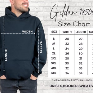 K&ouml;nnte beinhalten: Gr&ouml;&szlig;entabelle f&uuml;r ein Gildan 18500 Unisex-Kapuzenpullover. Die Tabelle zeigt die Ma&szlig;e in Zoll f&uuml;r Breite, L&auml;nge und &Auml;rmell&auml;nge f&uuml;r die Gr&ouml;&szlig;en S bis 5XL.