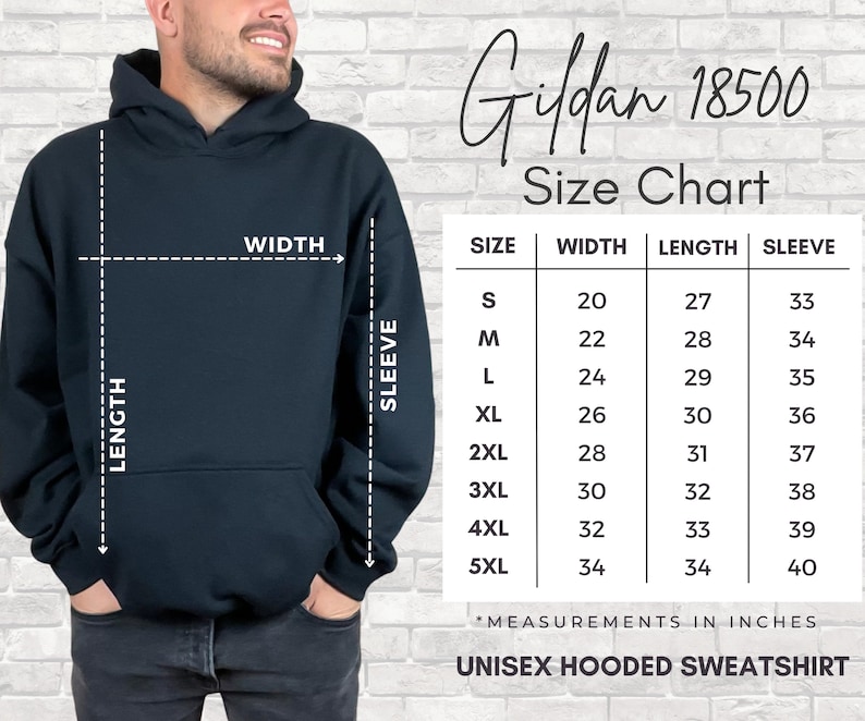 K&ouml;nnte beinhalten: Gr&ouml;&szlig;entabelle f&uuml;r ein Gildan 18500 Unisex-Kapuzenpullover. Die Tabelle zeigt die Ma&szlig;e in Zoll f&uuml;r Breite, L&auml;nge und &Auml;rmell&auml;nge f&uuml;r die Gr&ouml;&szlig;en S bis 5XL.