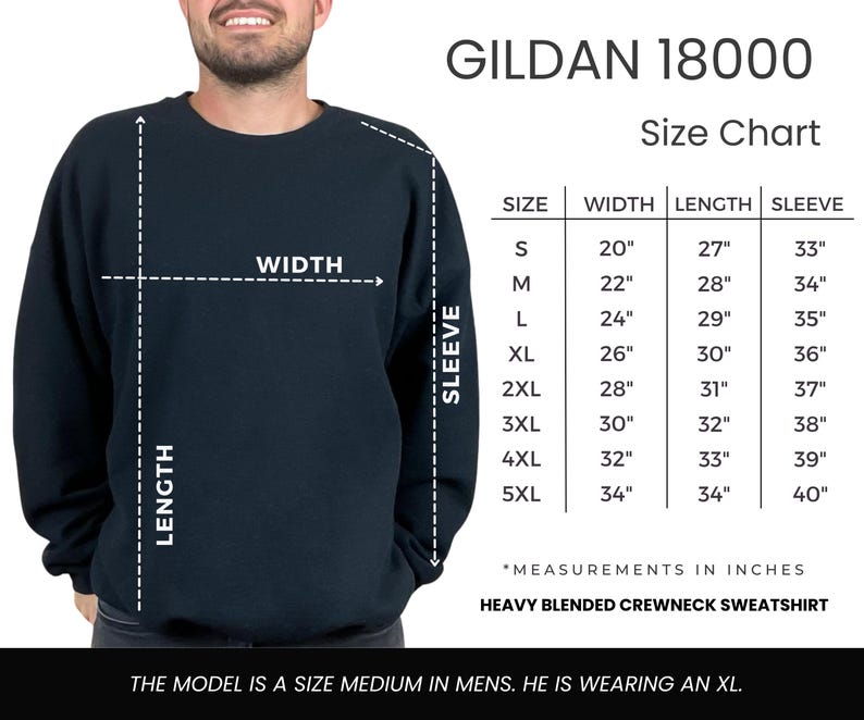 May include: Size chart for Gildan 18000 heavy blended crewneck sweatshirt. The chart shows measurements in inches for width, length, and sleeve length for sizes S through 5XL.