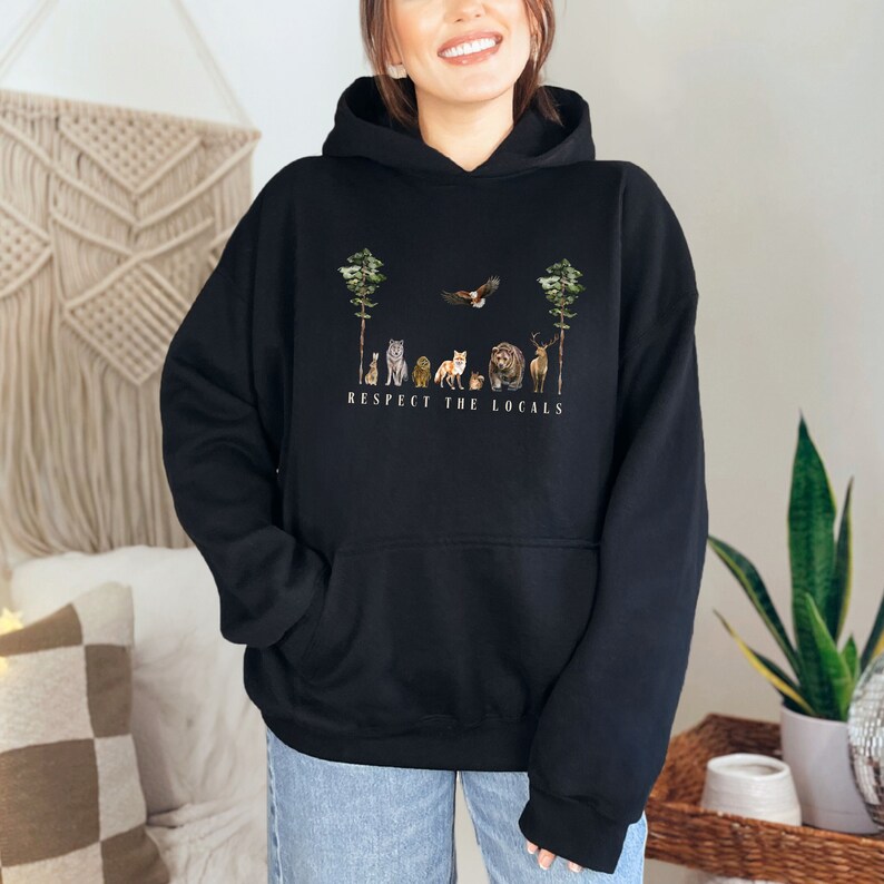 Respect the locals woodland animals wildlife activist hooded sweatshirt hoodie with hare rabbit wolf owl fox bear buck deer hawk eagle forestcore gift