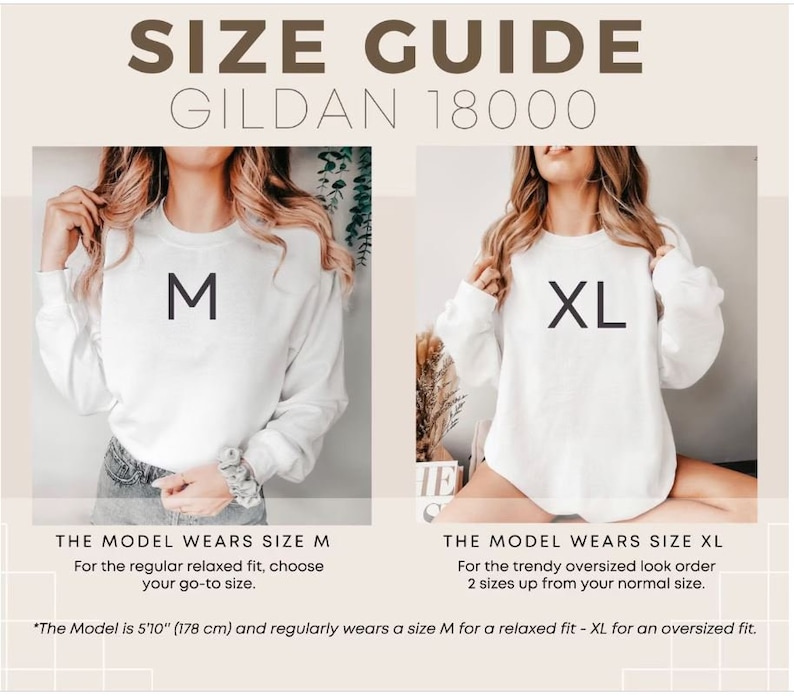 Peut inclure: Guide des tailles pour les sweat-shirts Gildan 18000. Un mannequin porte un sweat-shirt taille M pour une coupe d&eacute;contract&eacute;e et un sweat-shirt taille XL pour une coupe ample. Le mannequin mesure 1,78 m.
