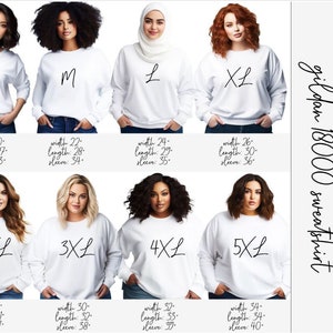 Peut inclure: Tableau des tailles pour les sweat-shirts Gildan 18000, indiquant les mesures en pouces pour les tailles S &agrave; 5XL. Le tableau comprend les mesures de largeur, de longueur et de manche pour chaque taille.