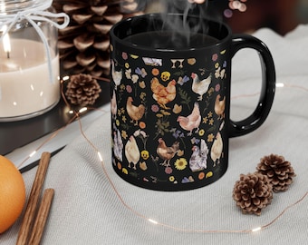 Mug poulet noir poule Silkie coq Poussin duveteux Fleurs sauvages Fleurs pressées Cottagecore Forestcore Nature Mug à café amoureux des oiseaux, cadeau paysan