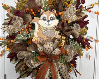 Squirrel Fall Wreath, Front Door Decor, Autumn Colors