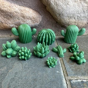 May include: A collection of green cactus and succulent figurines in various shapes and sizes. The figurines include a barrel cactus, a saguaro cactus, and several succulent varieties. The objects are arranged on a gray stone surface.