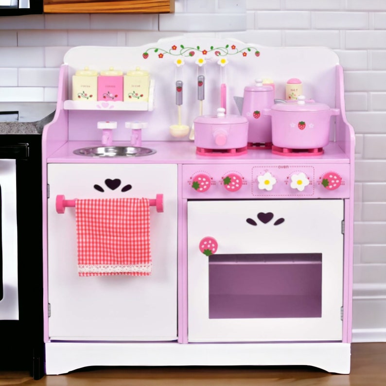 Pink Kids Kitchen Playset Wooden Pretend Play Kitchen for - Etsy